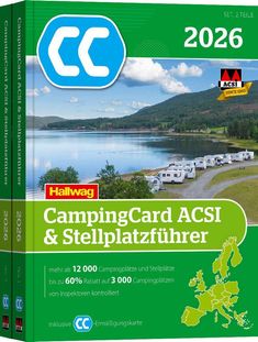 "2026 CampingCard ACSI & Stellplatzführer. Mehr als 12.000 Plätze, bis zu 60% Rabatt. Abbildung: Wohnmobil in Berglandschaft."