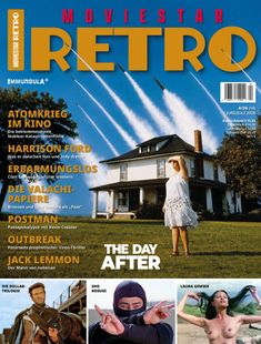 Oben steht "MOVIESTAR RETRO". Weitere Texte: "ATOMKRIEG IM KINO", "HARRISON FORD", "THE DAY AFTER". Frau vor Haus, Raketen.