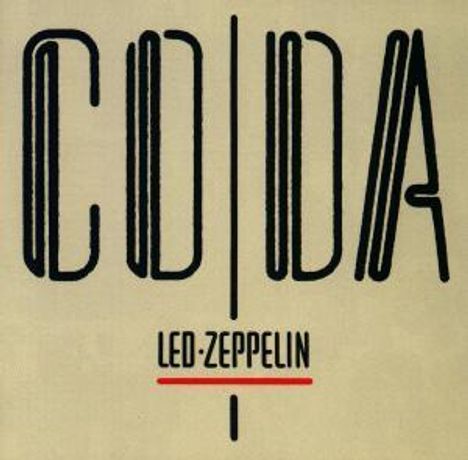 Text "CODA" in großen Buchstaben, darunter "LED ZEPPELIN" mit rotem Unterstrich, auf beigem Hintergrund.