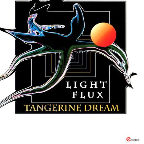 "LIGHT FLUX TANGERINE DREAM" steht unter einer abstrakten Form mit einem orangefarbenen Kreis.
