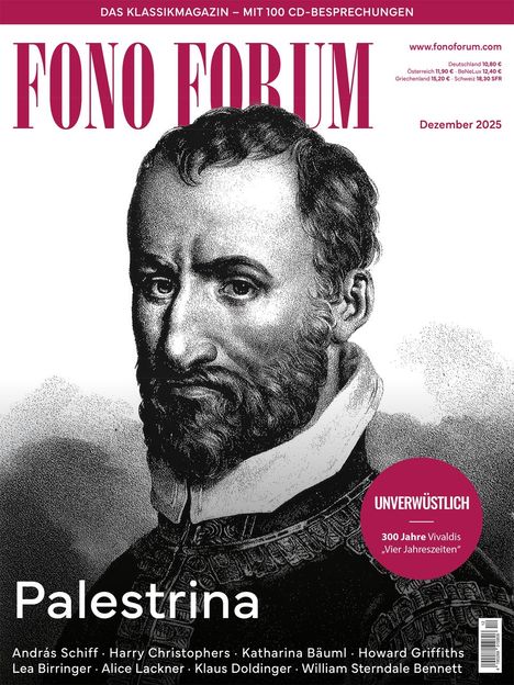 FONO FORUM, Titelgeschichte: Palestrina. Thema: 300 Jahre Vivaldis "Vier Jahreszeiten". Schwarz-weiße Illustration.