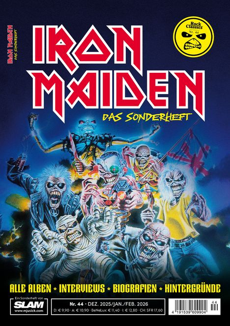 "Iron Maiden: Das Sonderheft" in roter Schrift. Illustration von Skelettfiguren mit Metallelementen und düsterer Stimmung.