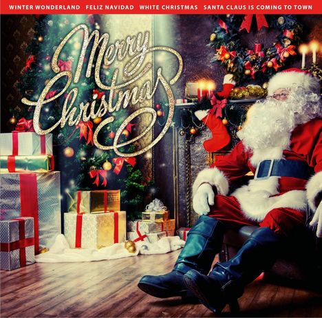Schriftzug „Merry Christmas“. Ein Weihnachtsbaum, Geschenke und ein Weihnachtsmann.