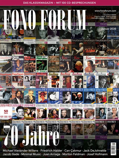 Oben: "DAS KLASSIKMAGAZIN – MIT 100 CD-BESPRECHUNGEN". Groß "FONO FORUM". Unten groß "70 Jahre". Collage aus Covern.