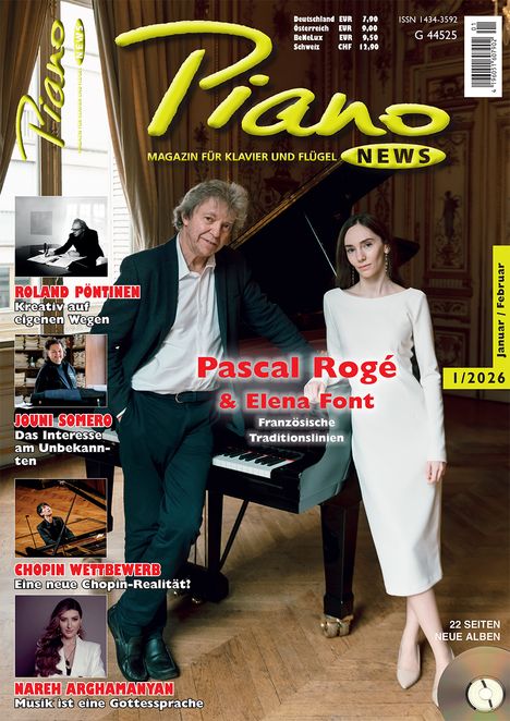 "Pascal Rogé & Elena Font, französische Traditionslinien."  
Zwei Personen lehnen an einem Flügel, edles Interieur.