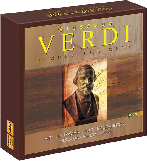 "Giuseppe Verdi, Simply The Best, Aida, La Traviata, Simon Boccanegra, Messa da Requiem, Arien, 8 CD." Illustration von Verdi.