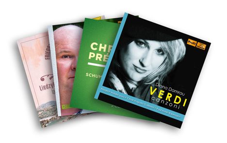 Cover mit Text: "Diana Damrau VERDI canzoni" und "CHRISTIANE PÉLISSIER SCHUMANN". Darunter Fotos von Personen.