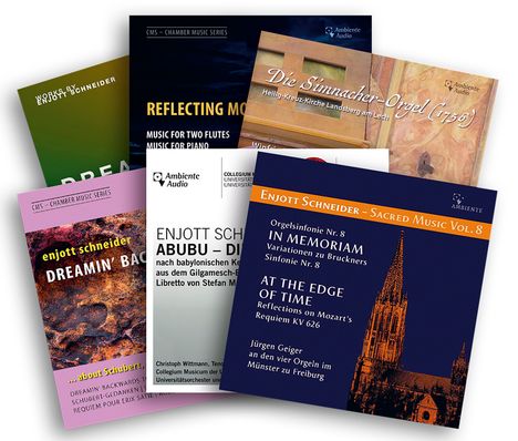 Texte: "REFLECTING MO", "Die Simnacher-Orgel", "enjott schneider ABUBU", "ENJOTT SCHNEIDER IN MEMORIAM", "enjott schneider DREAMIN' BACK".

Cover von Musik-Alben in verschiedenen Farben und Layouts.