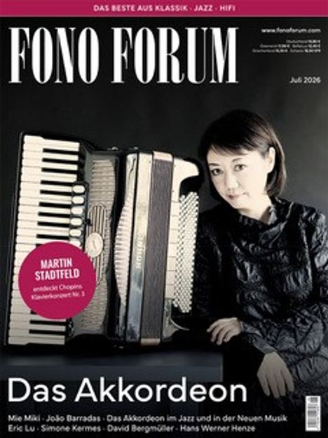 Aufschrift: "FONO FORUM", "Juli 2026", "Das Akkordeon". Eine Frau mit einem Akkordeon in der Hand.