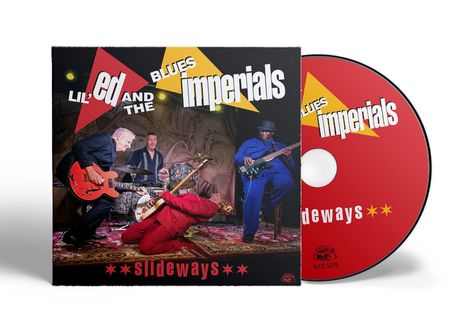 „Lil’ Ed and the Blues Imperials, Slideways“. Vier Musiker mit Instrumenten, lebhafte Pose, buntes Design.