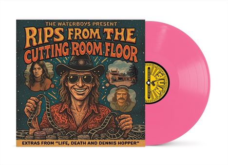 “THE WATERBOYS PRESENT RIPS FROM THE CUTTING ROOM FLOOR” auf einer Vinyl-Hülle mit Illustrationen und einer pinken Schallplatte.