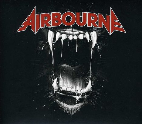 Text: "AIRBOURNE". Illustration: Bedrohliches, weit geöffnetes Maul mit großen Zähnen und tropfendem Speichel.