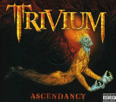 "TRIVIUM" und "ASCENDANCY" in orange-rot. Unten ein surrealer, kniender, blau-oranger Mensch mit Flammenkopf.