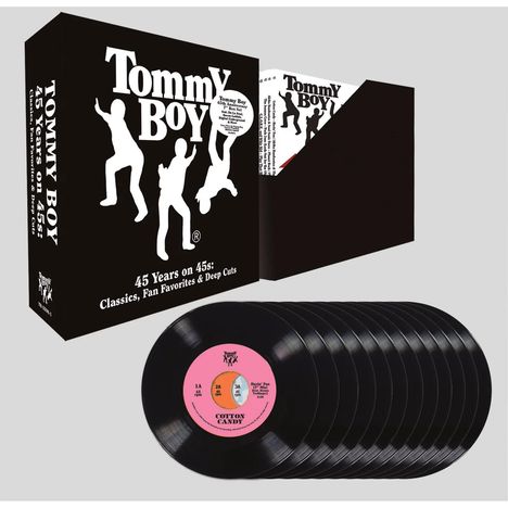 "Tommy Boy. 45 Years on 45s: Classics, Fan Favorites & Deep Cuts." Drei Silhouetten tanzender Figuren vor schwarzem Hintergrund.