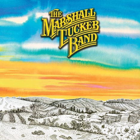 "THE MARSHALL TUCKER BAND" in gelber Schrift. Illustration von Landschaft mit buntem Himmel in Blau und Orange.