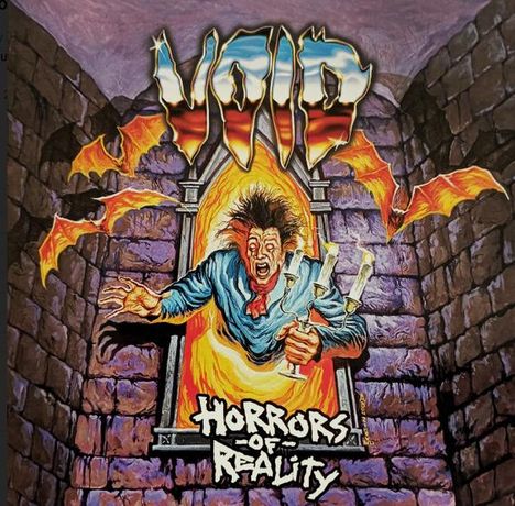 "VOID" und "HORRORS OF REALITY" in einem dramatischen Comic-Stil. Eine Figur schreit in einer Flamme mit Fledermäusen im Hintergrund.
