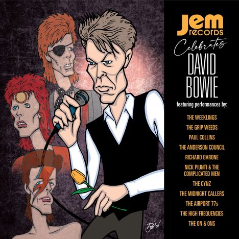 "Jem Records Celebrates David Bowie" mit Auftritten von Bands. Illustration zeigt eine Karikatur von Bowie mit Mikrofon und Blume.