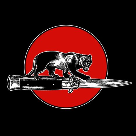 Illustration: Ein schwarzer Panther steht auf einem langen Messer vor einem roten Kreis auf schwarzem Hintergrund.