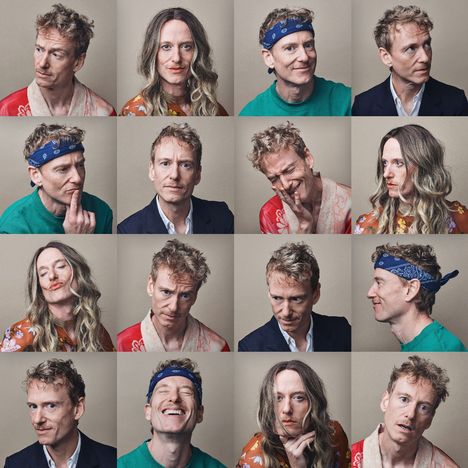 16 Porträts derselben Person mit verschiedenen Gesichtsausdrücken und Kleidung; schlichte Wand im Hintergrund.