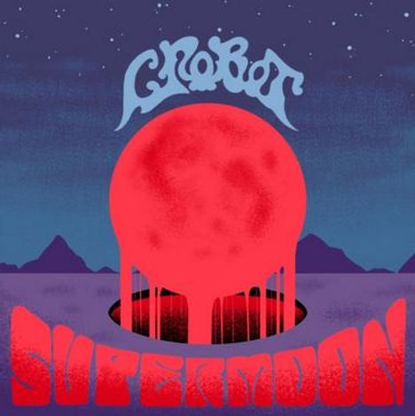 Oben der Text "Crobot", unten "Supermoon". Große rote Mond-Illustration über lila Landschaft.