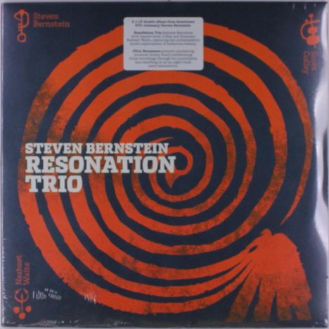 "Steven Bernstein Resonation Trio" in Weiß auf rotem, spiralförmigem Muster. Weitere Texte links oben und mittig.