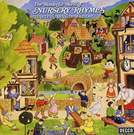 "The Wonderful World of Nursery Rhymes" mit Vera Lynn und Kenneth McKellar. Buntes Dorf mit Figuren aus Kinderreimen.