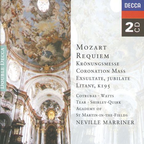 "Mozart Requiem, Krönungsmesse, Coronation Mass. Decke barocke Kirche, detailreich bemalt. 2 CD Logo oben rechts."
