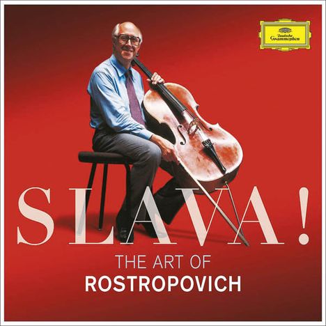 "SLAVA! THE ART OF ROSTROPOVICH". Ein älterer Mann sitzt mit einem Cello auf einem Stuhl vor rotem Hintergrund. 