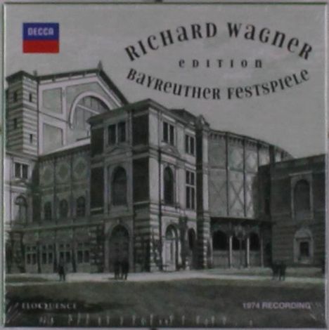 "RICHARD WAGNER EDITION BAYREUTHER FESTSPIELE." Historische Zeichnung eines Theaters mit "Decca" Logo oben links.