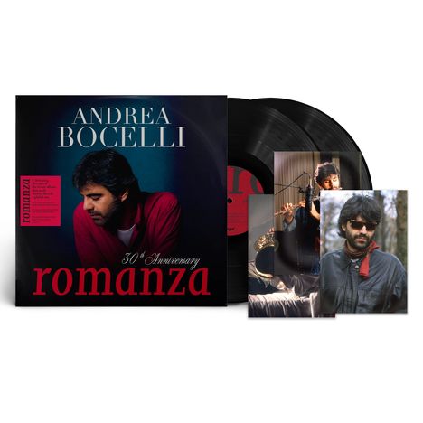 Albumcover mit "Andrea Bocelli" oben, "Romanza" unten, 30th Anniversary, zwei Schallplatten, Porträts von Bocelli.
