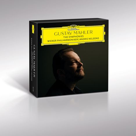 Aufschrift: "GUSTAV MAHLER THE SYMPHONIES WIENER PHILHARMONIKER ANDRIS NELSONS." Porträt eines nachdenklichen Mannes.