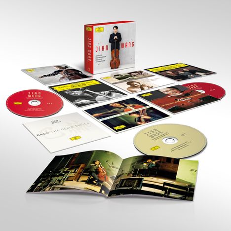 Box-Set "Jian Wang". Mehrere CDs und ein Booklet liegen auf einer Oberfläche. Musiker mit Cello abgebildet.