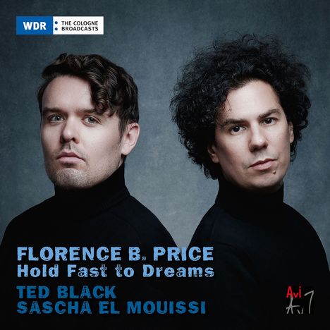 "Florence B. Price, Hold Fast to Dreams, Ted Black, Sascha El Mouissi." Zwei Männer in schwarzen Rollkragenpullovern vor grauem Hintergrund.