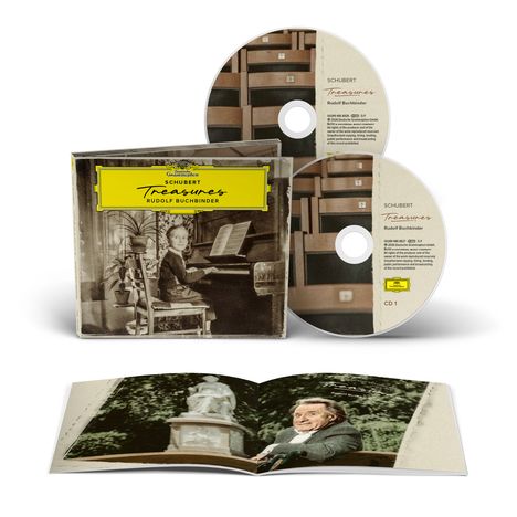 "Schubert Treasures" von Rudolf Buchbinder auf einem CD-Cover. Dazu zwei CDs und ein geöffnetes Booklet mit einem Bild.