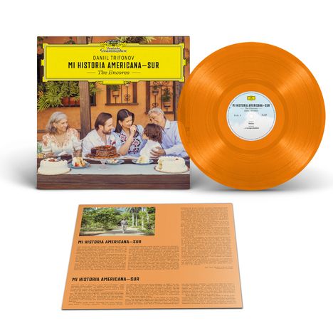 Ein gelbes Cover mit der Aufschrift „Daniil Trifonov - Mi Historia Americana - Sur“. Sichtbar ist eine orangefarbene Schallplatte.