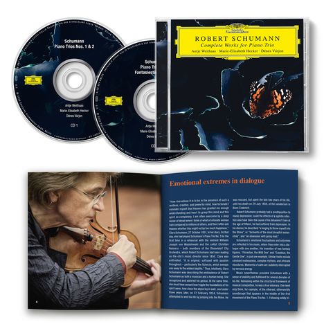 CD-Hülle und CDs mit Robert Schumann's Klaviertrios. Text im Buch: "Emotional extremes in dialogue."