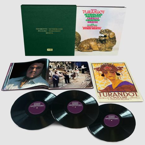 "Turandot" von Puccini mit Pavarotti. Ein grünes Albumcover und Schallplatten sind zu sehen.