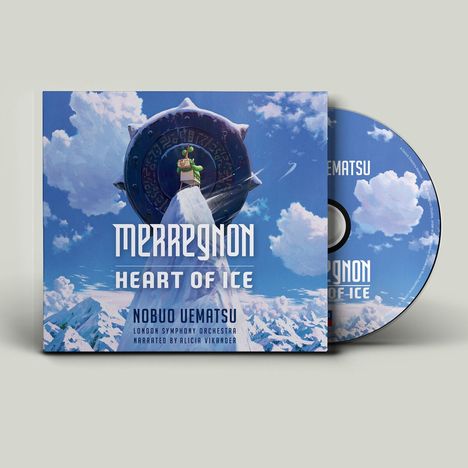 "MERREGNON: HEART OF ICE", darunter "Nobuo Uematsu". Illustration: Person auf Eiskappe vor großem Rad, blauer Himmel.