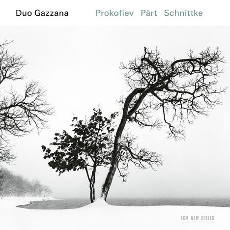"Duo Gazzana", "Prokofiev", "Pärt", "Schnittke" oben. Winterlicher Strand mit kargen Bäumen am Wasser.