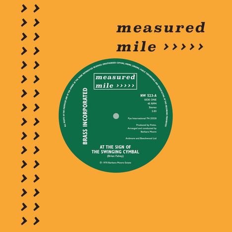 "measured mile >>>>>", Brass Incorporated, NW 523-A, At the Sign of the Swinging Cymbal. Design mit orangem Hintergrund.