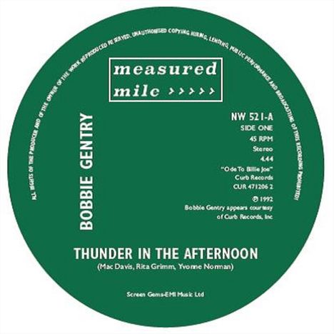 Grüner Hintergrund mit Texten: "measured mile", "BOBBIE GENTRY", "THUNDER IN THE AFTERNOON", Autorenangaben und Copyright-Hinweis.