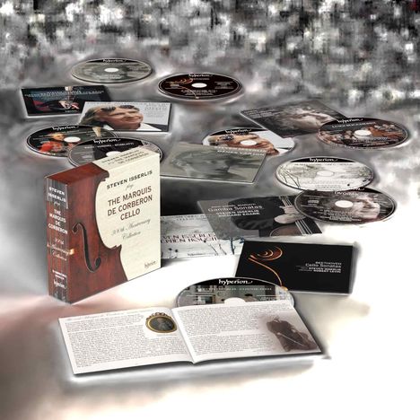 "STEVEN ISSERLIS plays THE MARQUIS DE CORBERON CELLO." Box mit CDs und einem geöffneten Booklet auf unscharfem Hintergrund.
