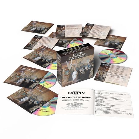 Texte: CHOPIN, The Complete Works, GARRICK OHLSSON. 
CDs und Box mit klassischer Kunst und Titeln.