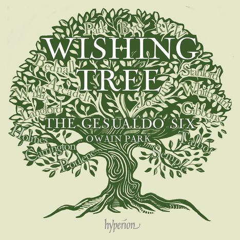 Text: "Wishing Tree", "The Gesualdo Six", "Owain Park". 

Illustration: Ein stilisierter grüner Baum mit Namen auf den Blättern.