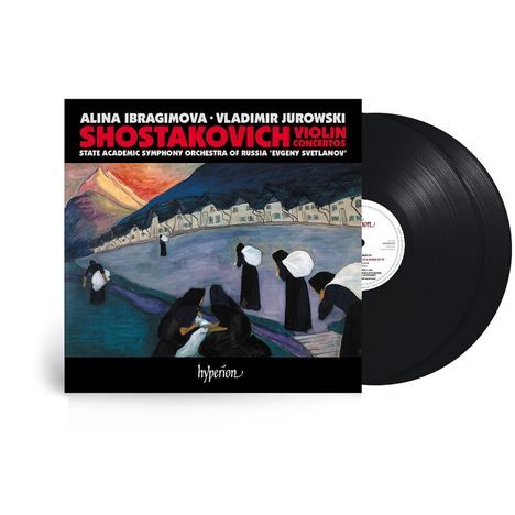 „ALINA IBRAGIMOVA, VLADIMIR JUROWSKI, SHOSTAKOVICH VIOLIN CONCERTOS.“ Impressionistisches Gemälde mit Figuren in Schwarz.