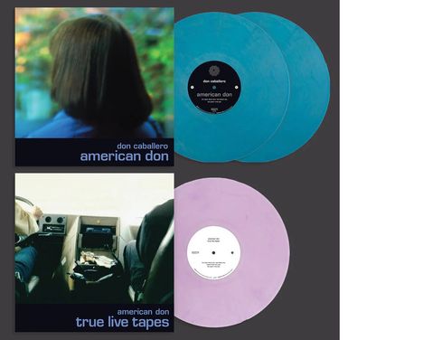 Text: „don caballero, american don“ auf zwei LP-Covern. Eine blaue und eine lilafarbene Vinyl-Schallplatte daneben.