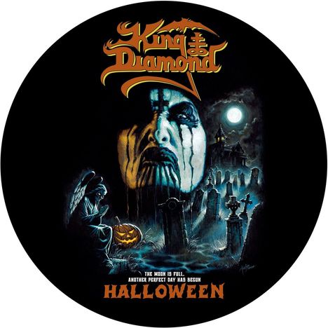 "King Diamond. The moon is full, another perfect day has begun. Halloween." Gruselige Illustration mit Friedhof und Mond.