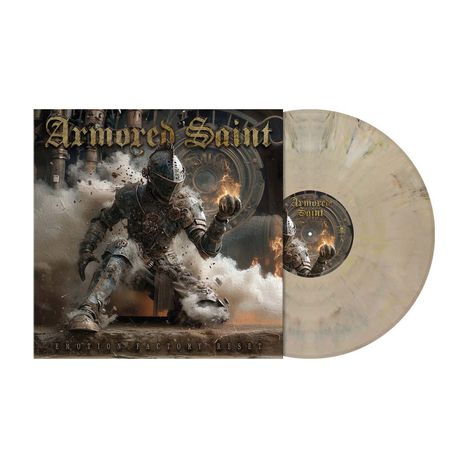 "Armored Saint", "Emotion Factory Reset". Ritter in Rüstung mit Feuerball. Vinyl in grauem Marmordesign.
