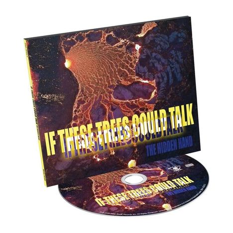 "IF THESE TREES COULD TALK" in Gelb, "THE HIDDEN HAND" in Blau. Hintergrund zeigt eine vulkanische Textur.