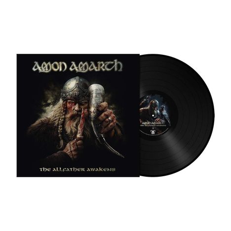"Amon Amarth", "The Allfather Awakens". Ein grimmiger Krieger mit Helm und Trinkhorn, bedrucktes Vinyl mit ähnlichem Motiv.
